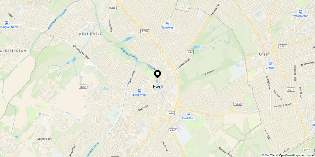 Approximate location of 44 Kingston Road, Ewell Village, Epsom, KT17 2AB