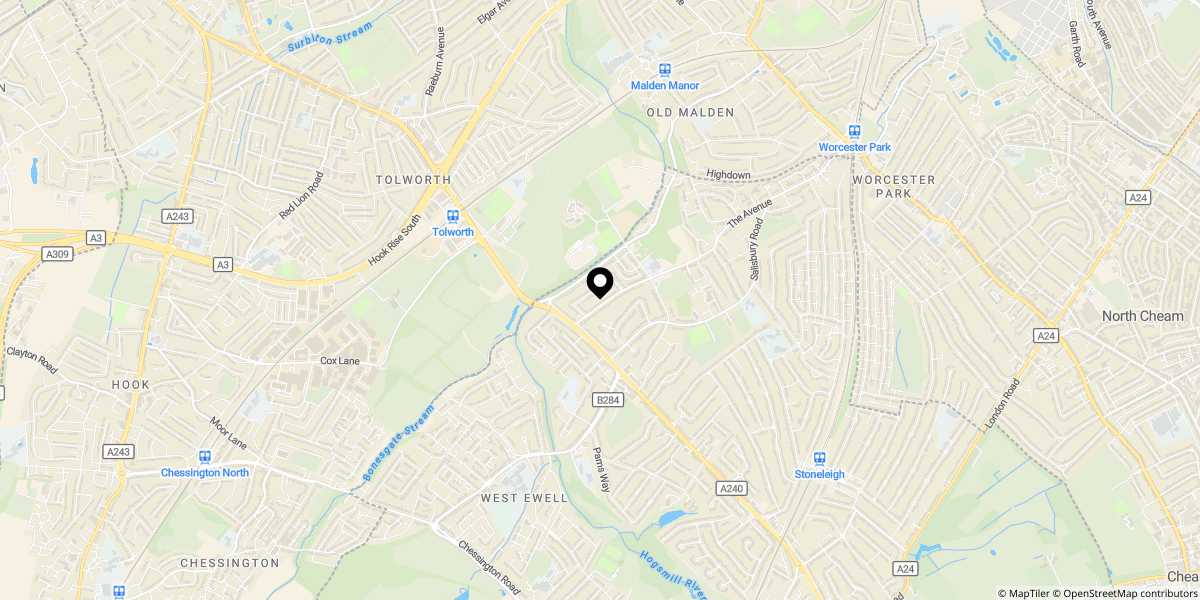 Approximate location of Grafton Road, Worcester Park, KT4 7QR